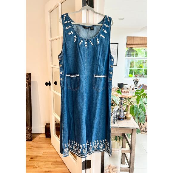 Vintage Agapo Women's Embroidered Jumper Maxi Denim Dress – XL/2X - Picture 2 of 8